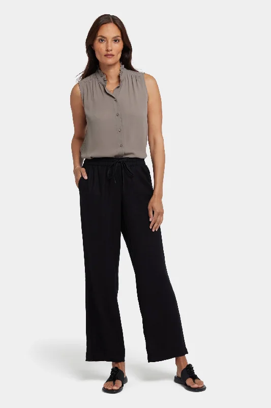 Relaxed Drawstring Pull-On Pants - Black Elegant Palazzo Trousers