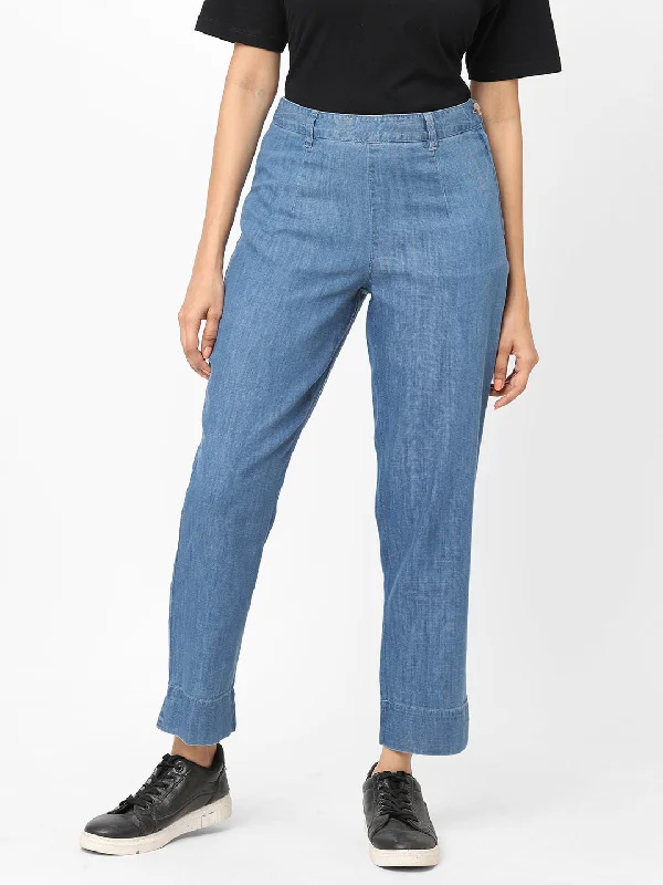 Women's Denim Blue Cotton Viscose Regular Fit Pant Formal Wide-Leg Pants