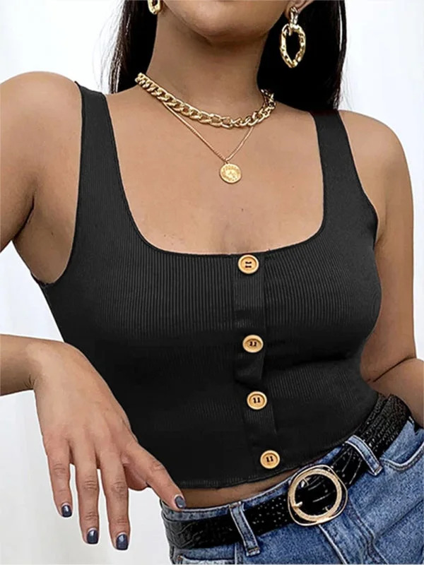 Ribbed Button Accent Sleeveless Tank Square Neck Crop Top Black Cami striped tank top