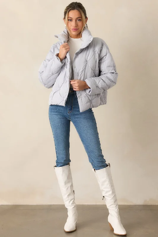 Forever Mine Ash Blue Tufted Puffer Jacket A-Line Jacket Boat Neck Shawl Collar