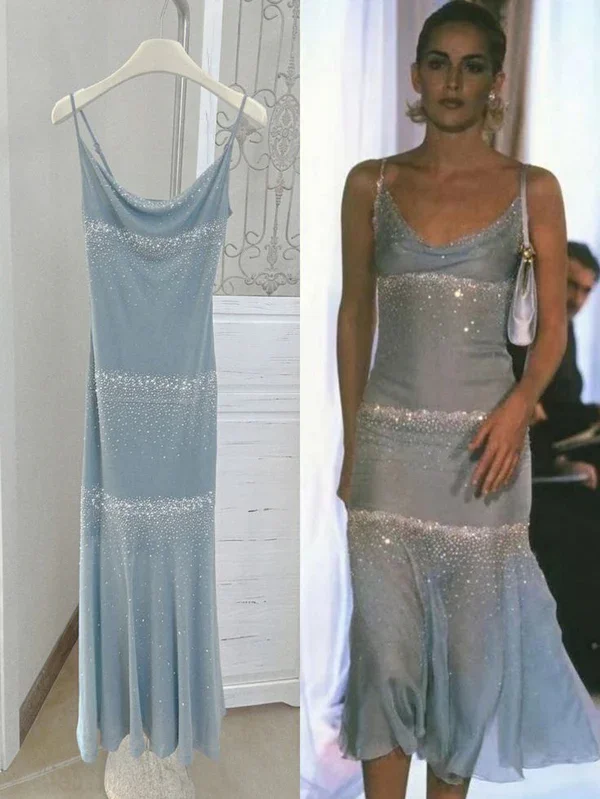 Light Blue Spaghetti Straps Sheath Cocktail Dress Midi Party Dress, DP4590 Tunics Polka dots