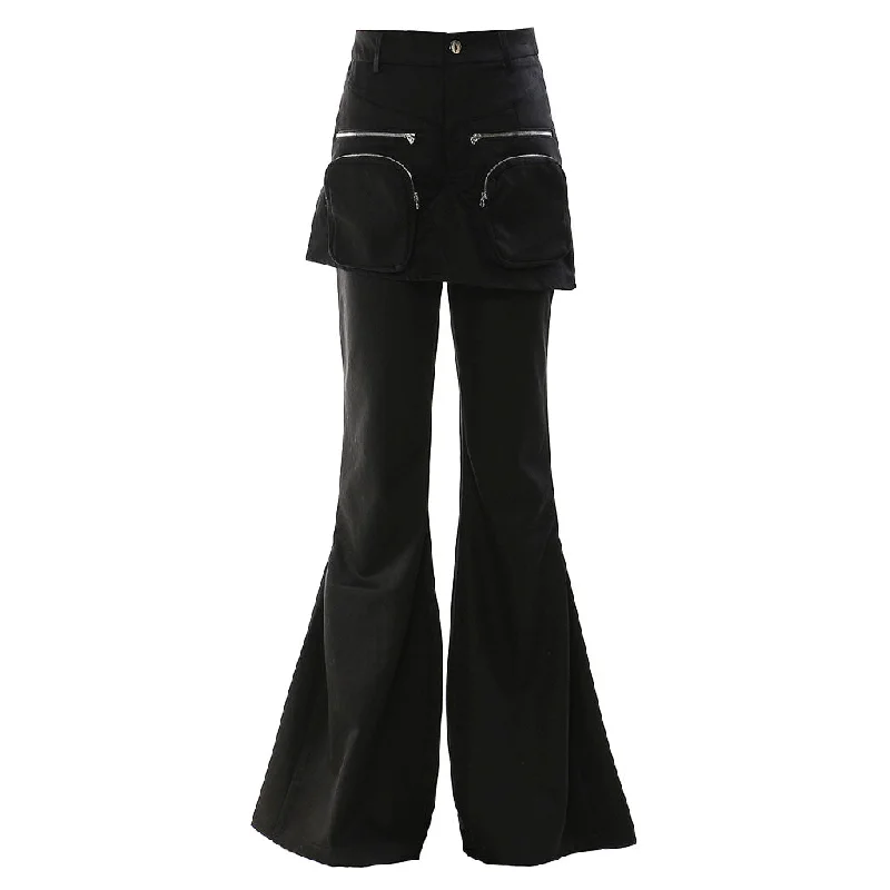 Dramatic High Waist Metallic Zipper Cargo Pocket Layered Flared Pants Classic Bootcut Trousers