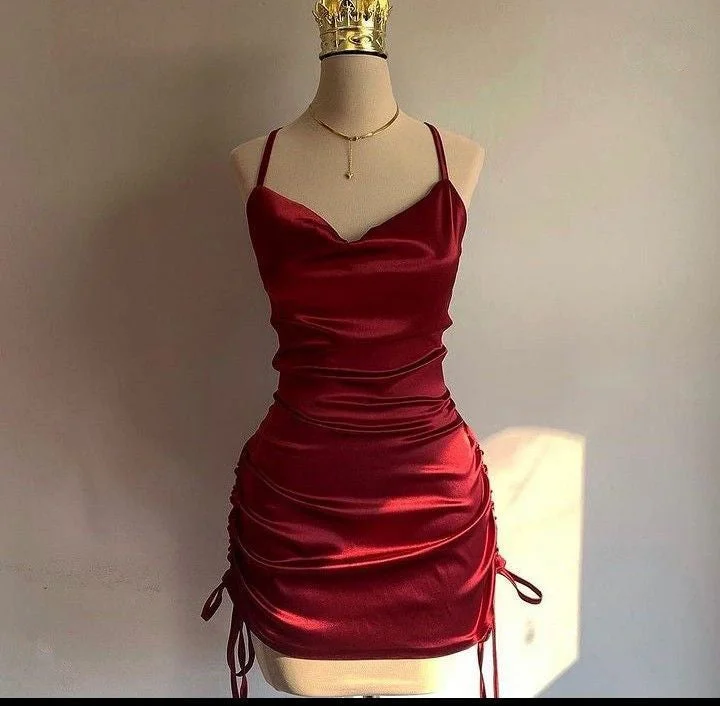Wine Red Straps Sheath Satin Short Party Dress Homecoming Dress, DP4097 Boatneck Modish Everyday