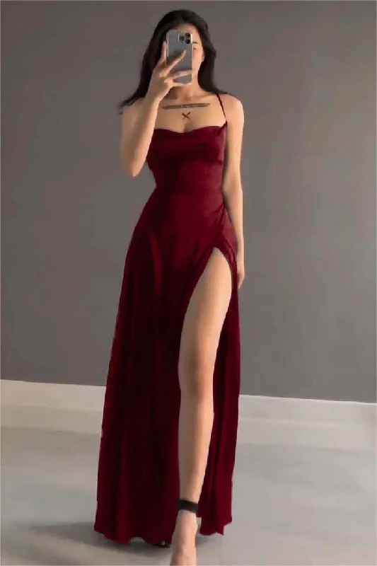 Burgundy Straps A-Line Satin Long Party Dress with Split, DP4134 Tunics Cozy soft