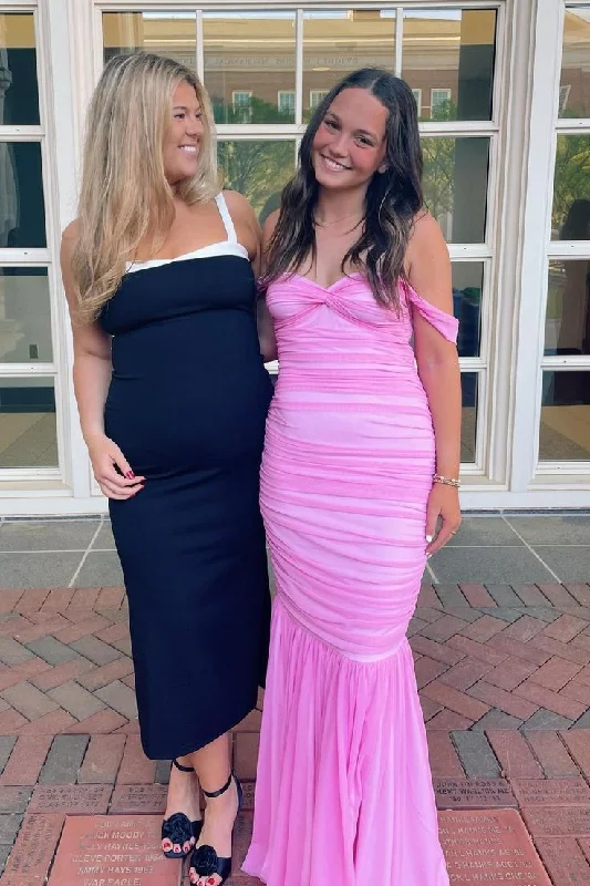 Elegant Off the Shoulder Pink Long Party Dress Mermaid Chiffon Prom Evening Dress cc1532 Crew Neckline Casual
