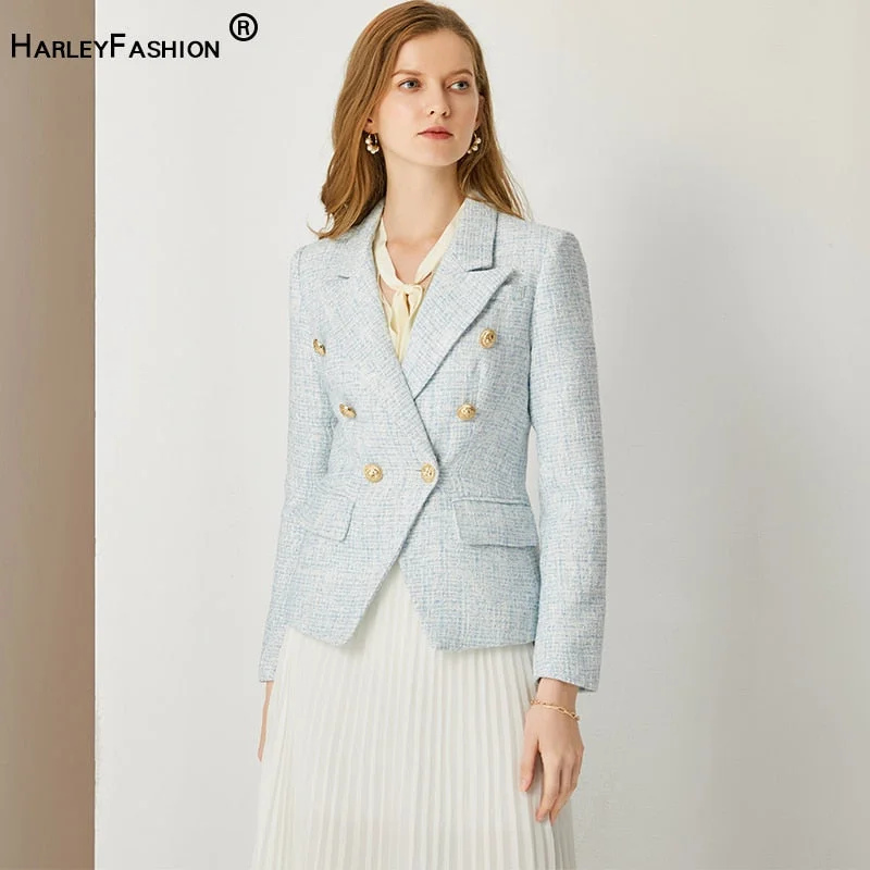 HarleyWomen Autumn Winter Warm Weave Tweed Blazer Plaid Pattern  Casual Slim Fitness Light Blue Jackets Quilted Jacket Puffer Jacket Insulated Jacket