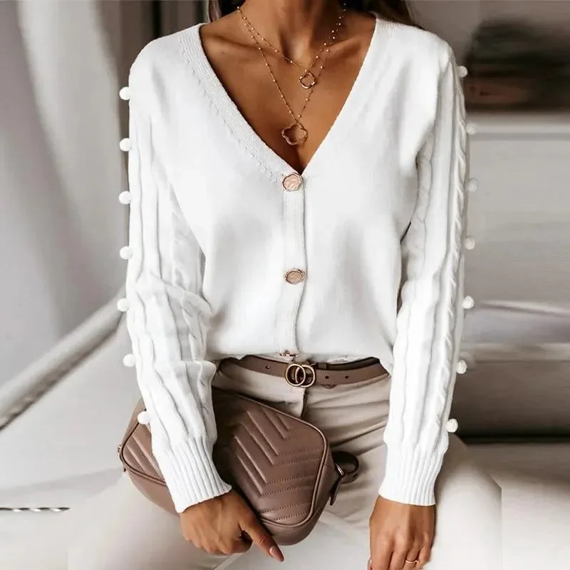 V-Neck Cardigan Sweater Top For Women Real Fur Shearling Chenille
