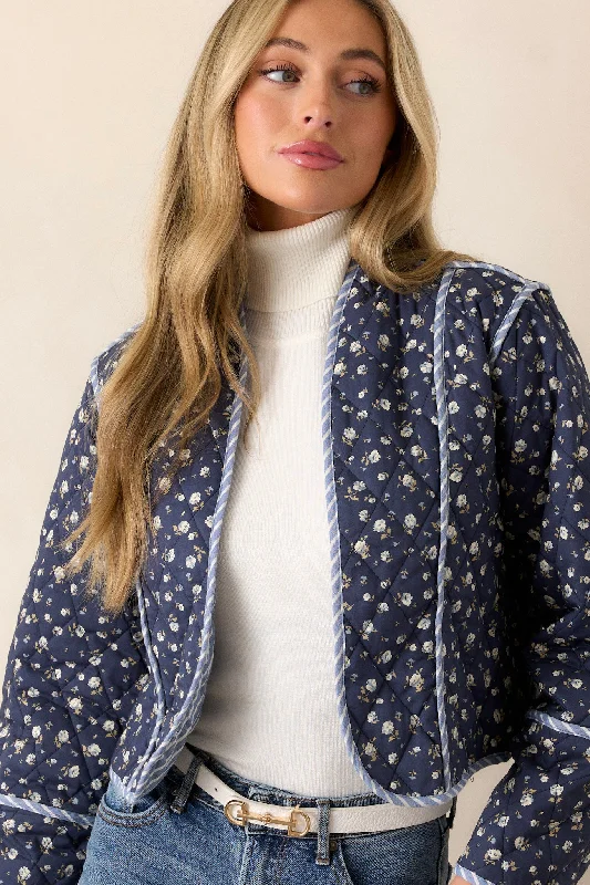 Anywhere But Here Cotton Navy Floral Quilted Jacket Nylon Fabric Polyester Fabric Spandex Fabric