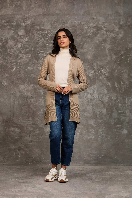 Women Regular Fit Cardigan - Beige Chenille Fabric Brocade Fabric Lace Fabric