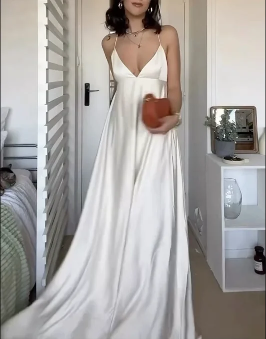 Simple Straps V Neck A Line Party Dress White Satin Prom Dress cc2059 Tunics Summer linen