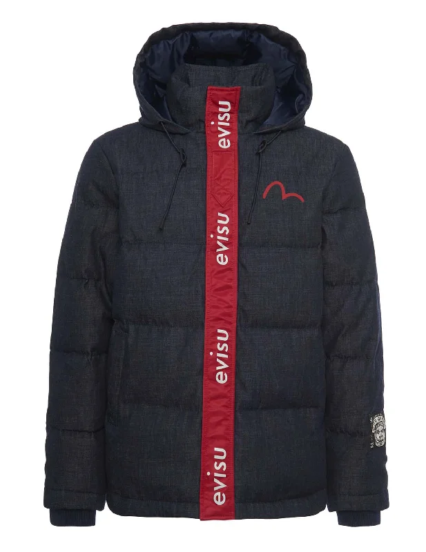 Indigo Hooded Down Jacket Welt Pockets Slit Pockets Flap Pockets