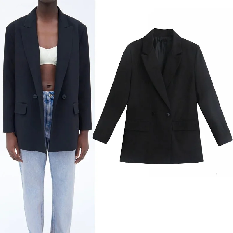 Spring 2022 Za Women Blazer Double Breasted Jacket Female Oversize Long Sleeve Black Blazer Woman Casual Loose Office Beige Coat Fleece Jacket Down Jacket Feather Jacket