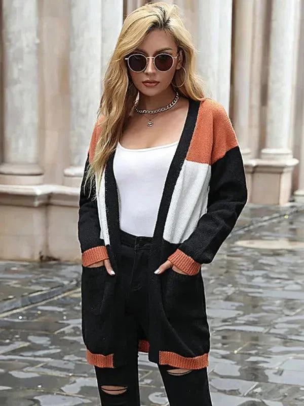Patchwork Color Block Sweater Cardigan Solid Color Striped Floral Print