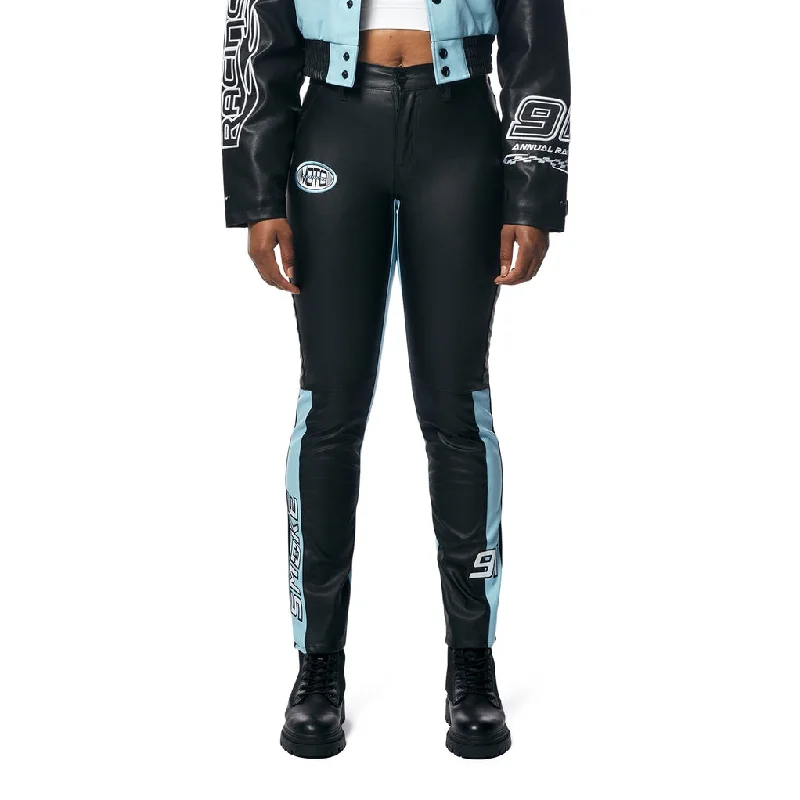 High Rise Vegan Leather Racing Pants - Blue Casual Wide Pants