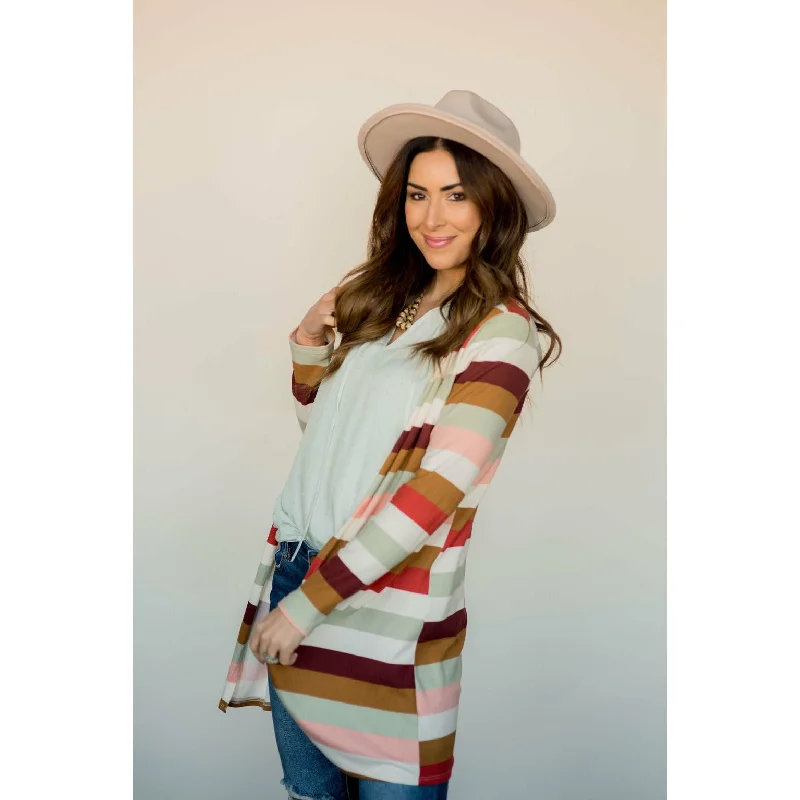 Muted Striped Tunic Cardigan Satin Blend Silk Blend Wool Blend