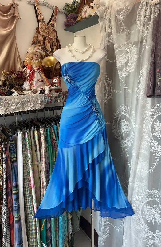 Blue Gradient Strapless Ruffles Vintage Long Party Dress Formal Evening Gown, DP4556 Tunics Exclusive limited Blue Gradient Strapless Ruffles Vintage Long Party Dress Formal Evening Gown, DP4556 Tunics Exclusive limited