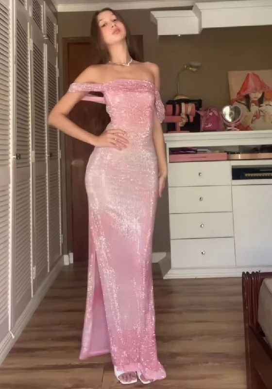 Shiny Pink Off Shoulder Sheath Long Party Dress Formal Evening Gown, DP4544 Tunics Stylish elegant Shiny Pink Off Shoulder Sheath Long Party Dress Formal Evening Gown, DP4544 Tunics Stylish elegant