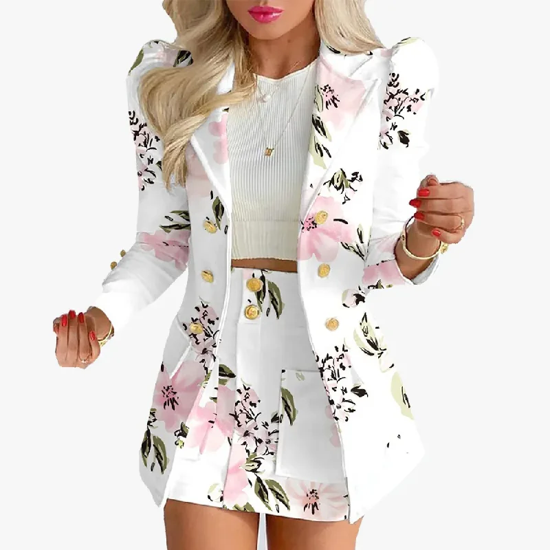 Women Fashion Elegant Plaid Floral Print Suit Top Skirt Two-Piece Set high slit skirt