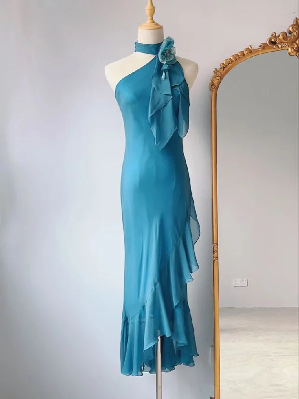 Blue Halter Neck Sheath Ruffles Chiffon Vintage Long Party Dress, DP4390 Tunics Floral girly