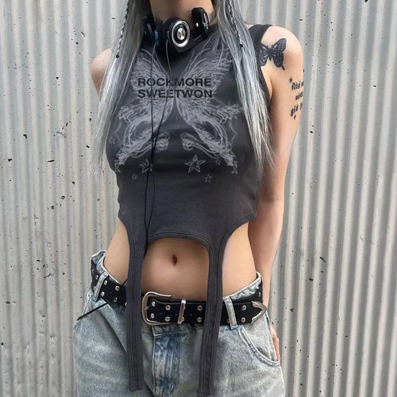 Butterfly Print Camisole Tank - Street Hipster Style metallic tank top