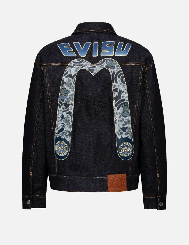 Cloud and Kamon-pattern Daicock Print Loose Fit Denim Jacket Notch Collar Peter Pan Collar Cowl Neck
