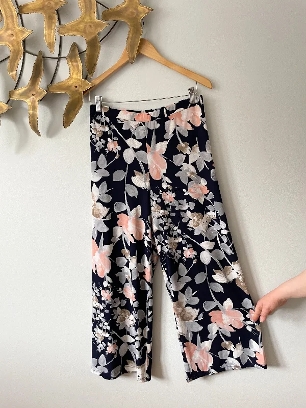 Frank Lyman Navy & Pink Floral Wide Leg High Rise Palazzo Pull On Pants - Size 8 High-Waist Jeans