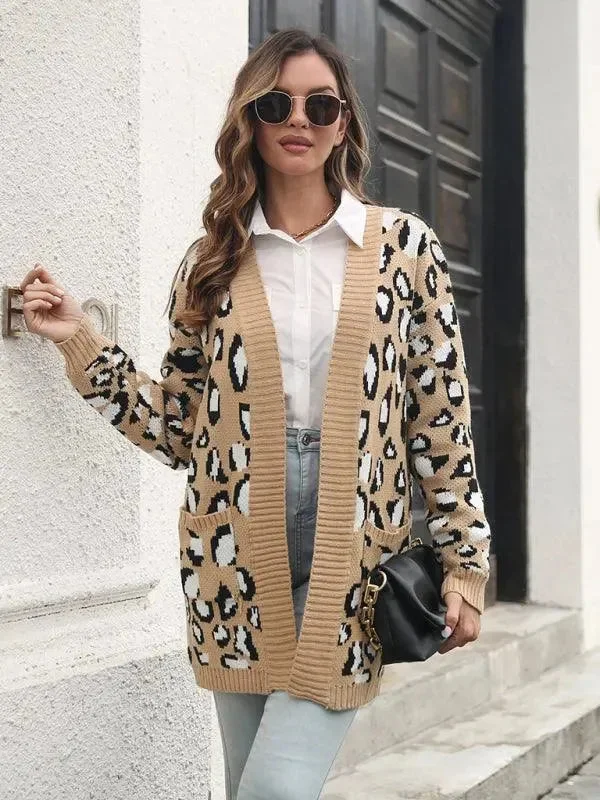 Leopard Jacquard Cardigan Sweater Boxy Cardigan Fitted Cardigan A-Line