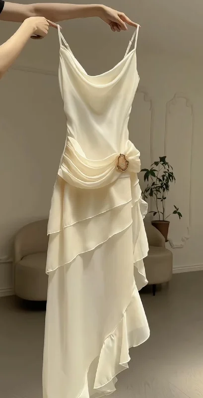 Elegant Straps A-Line Ivory Satin Long Party Dress Retro Evening Gown, DP4595 Tunics Short Trendy