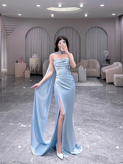 Light Blue Strapless Sheath Satin Long Evening Party Dress, DP4347 Tunics Handmade artisanal