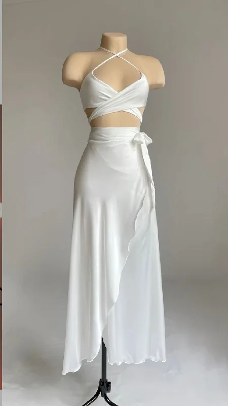 White Halter Cross Neck A-Line Satin Long Party Dress, DP4095 Square Neckline Feminine