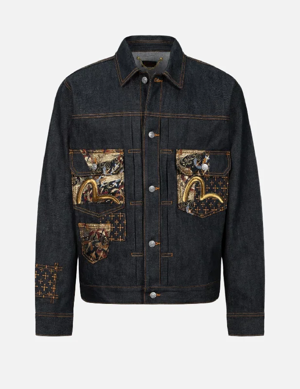 Seagull Embroidery and Brocade Pocket Relax Fit Denim Jacket Snapped Jacket Toggled Jacket Drawstring Jacket