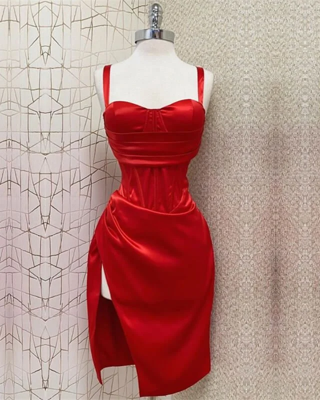 Red Sreaps Sheath Satin Cocktail Dress Short Party Dress, DP4113 High-Low Hemline Casual