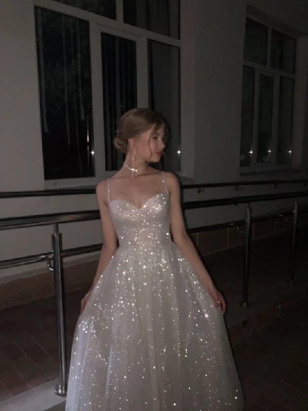 Shiny A-Line Spaghetti Straps Long Party Dress Formal Evening Gown, DP4089 sweetheart Neckline Romantic