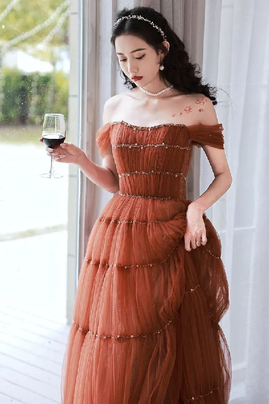 Princess Off The Shoulder Beaded Sequins A Line Long Formal Prom Dress Tulle Ball Gown Party Dress cc1549 Tunics Luxurious high-end