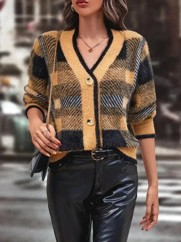 Plaid Button Women Cardigan Sweater Print Jacquard Patchwork