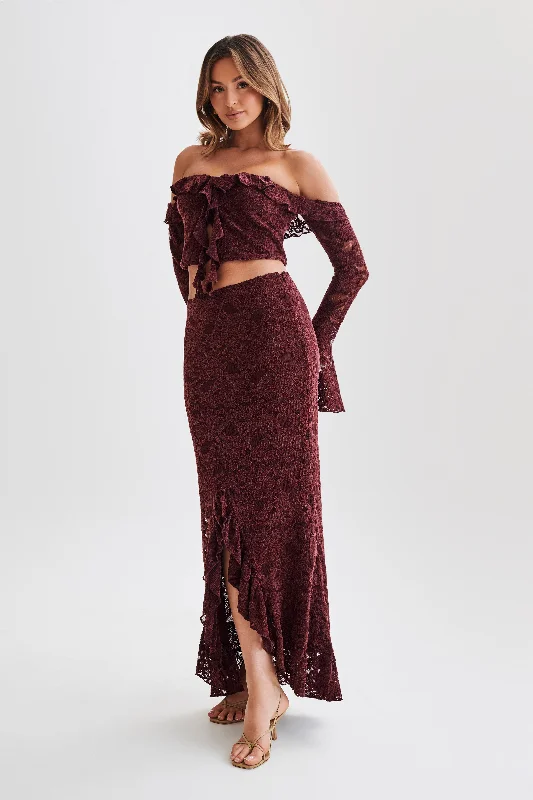 Artemis Lace Plisse Maxi Skirt - Plum elastic waist skirt