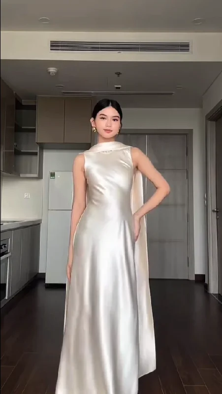 Elegant Sleeveless Ivory Satin Long Prom Dress Formal Evening Party Dress, DP4634 Sequined Elegant Party