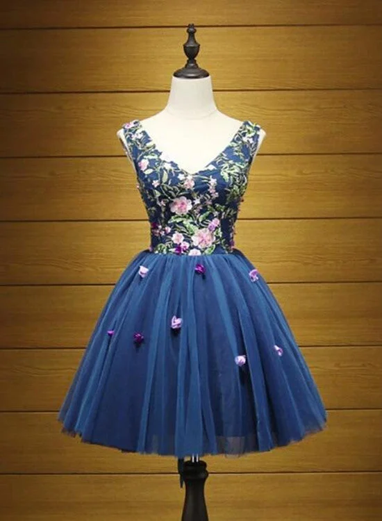 Blue V-neckline Homecoming Dresses, Cute Tulle Flowers Party Dress, Lace-up Formal Dresses Tunics Timeless classic Blue V-neckline Homecoming Dresses, Cute Tulle Flowers Party Dress, Lace-up Formal Dresses Tunics Timeless classic