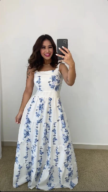 White Straps A-Line Floral Fashion Vacation Dress Long Party Dress, DP4349 Tunics Brand named