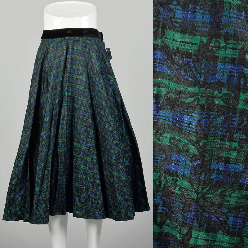 Large 1950s Full Circle Skirt Blue Flocked Plaid Taffeta wool skirt sturdy
