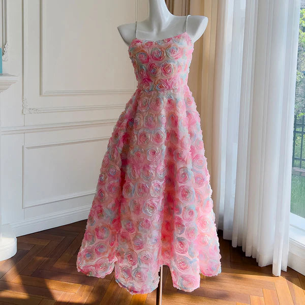 Pink Spaghetti Straps A-Line Rose Long Party Dress Birthday Outfits, DP4026 Tunics Trendy modern