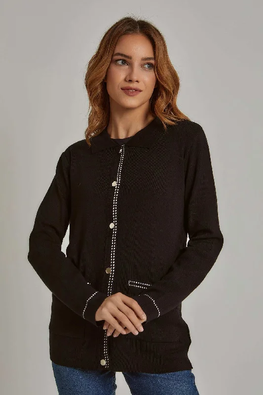 Women Regular Fit Cardigan - Black Wool Fabric Cashmere Fabric Tweed Fabric