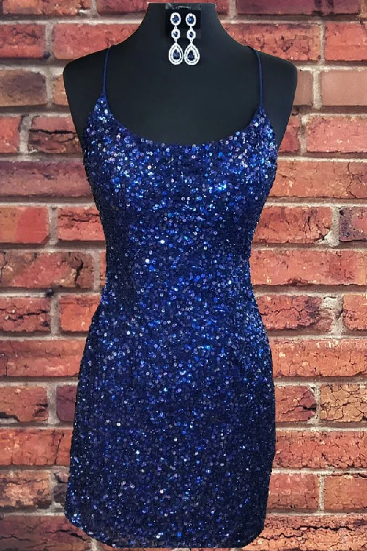 Lace-Up Navy Blue Tight Mini Party Dress Tunics Ceremony elegant