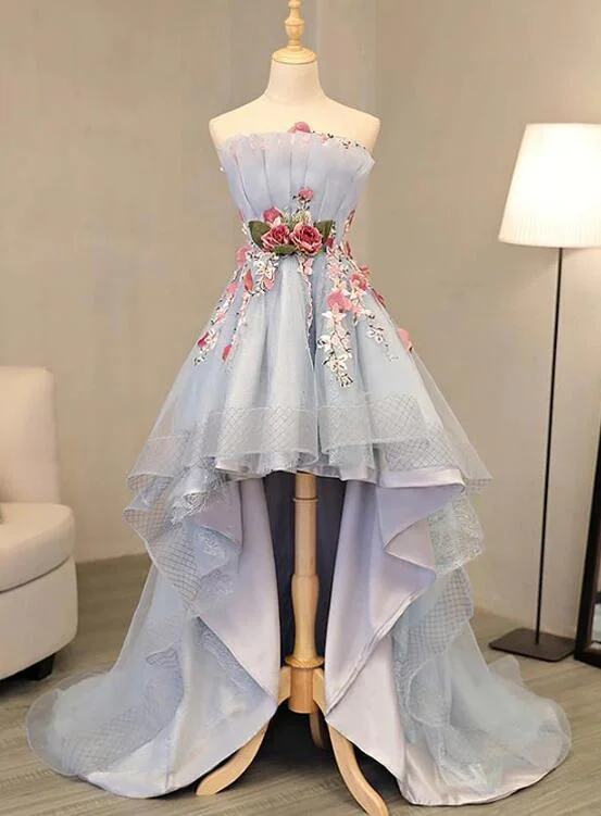 Cute Light Grey High Low Flowers Party Dress, Charming Formal Dress Tunics Custom made Cute Light Grey High Low Flowers Party Dress, Charming Formal Dress Tunics Custom made
