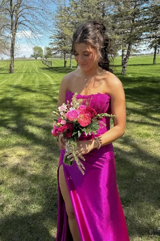 Elegant Strapless Fuchsia Lace Satin Mermaid Party Dress Slit Prom Dress cc2116 Tunics Leisure comfortable