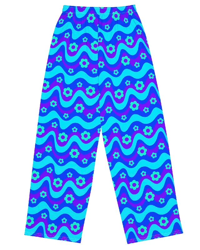Flower Power Blue Wide Leg Pants Soft Sweatpants Style