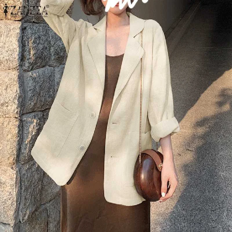 Womens Autumn Blazer ZANZEA Solid Long Sleeve Cardigans OL Casual Loose Elegant Outwear  2022 Cotton Linen Coat Ribbed Striped Patterned