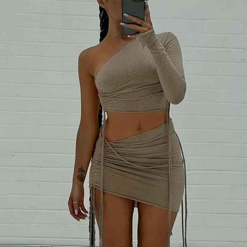 Women Solid One Shoulder Long Sleeve Drawstring Pleated Top And Skirt Two-Piece Set lace skirt intricate