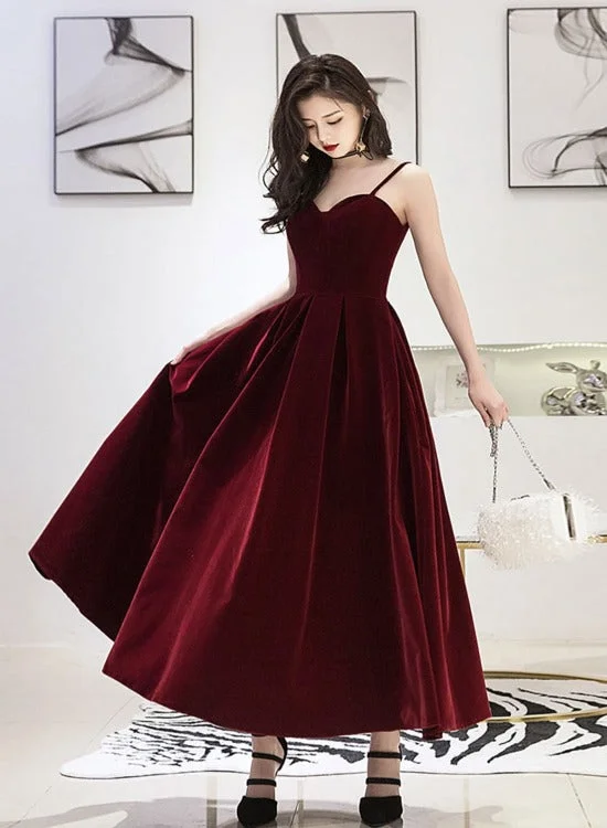 Wine Red Velvet Straps V-neckline Party Dress, Long Burgundy Prom Dress Evening Dress Tunics Running lightweight