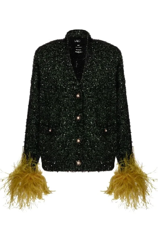 BLACK WOOL-BLEND CARDIGAN WITH MUSTARD FEATHER-DETAILING Real Fur Shearling Chenille